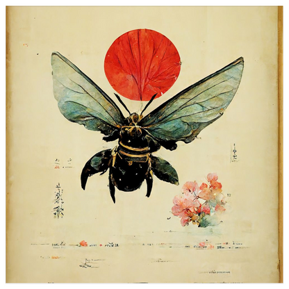 Vintage Japanese Bee with Sun Poster 12x12 inch 500044 - Home & Garden > Decor > Artwork > Posters, Prints, & Visual Artwork Poster Prints Vintage Japanese Bee with Sun