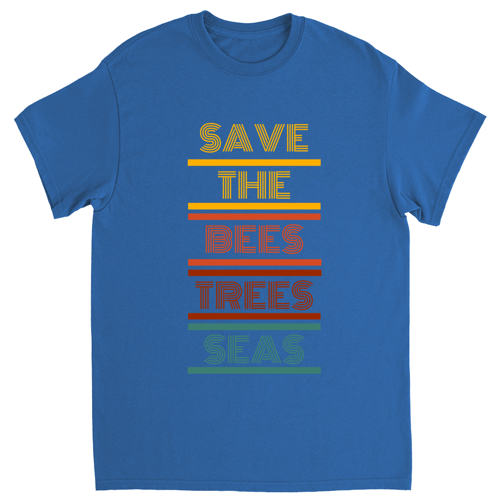 Vintage 70s Save the Bees Trees Seas Unisex Adult T-Shirt Royal Shirts & Tops