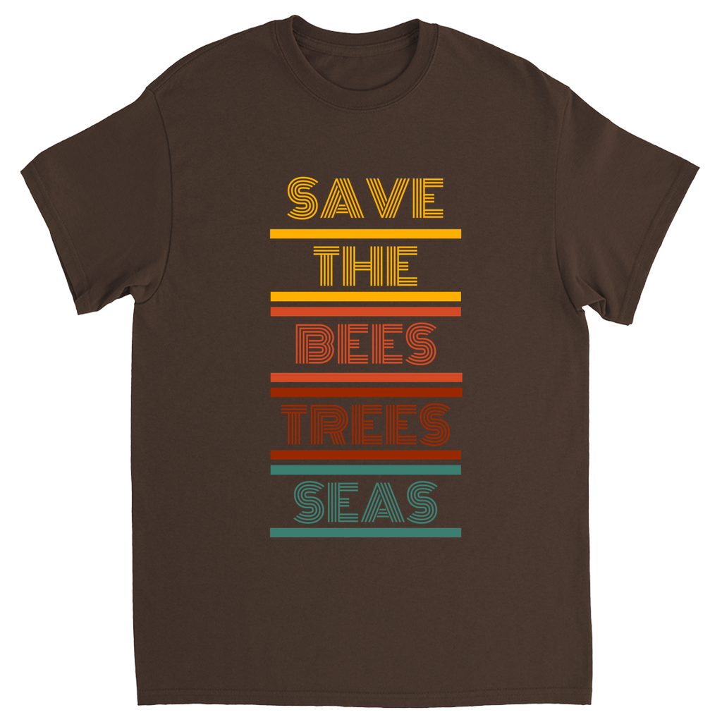 Vintage 70s Save the Bees Trees Seas Unisex Adult T-Shirt Dark Chocolate Shirts & Tops