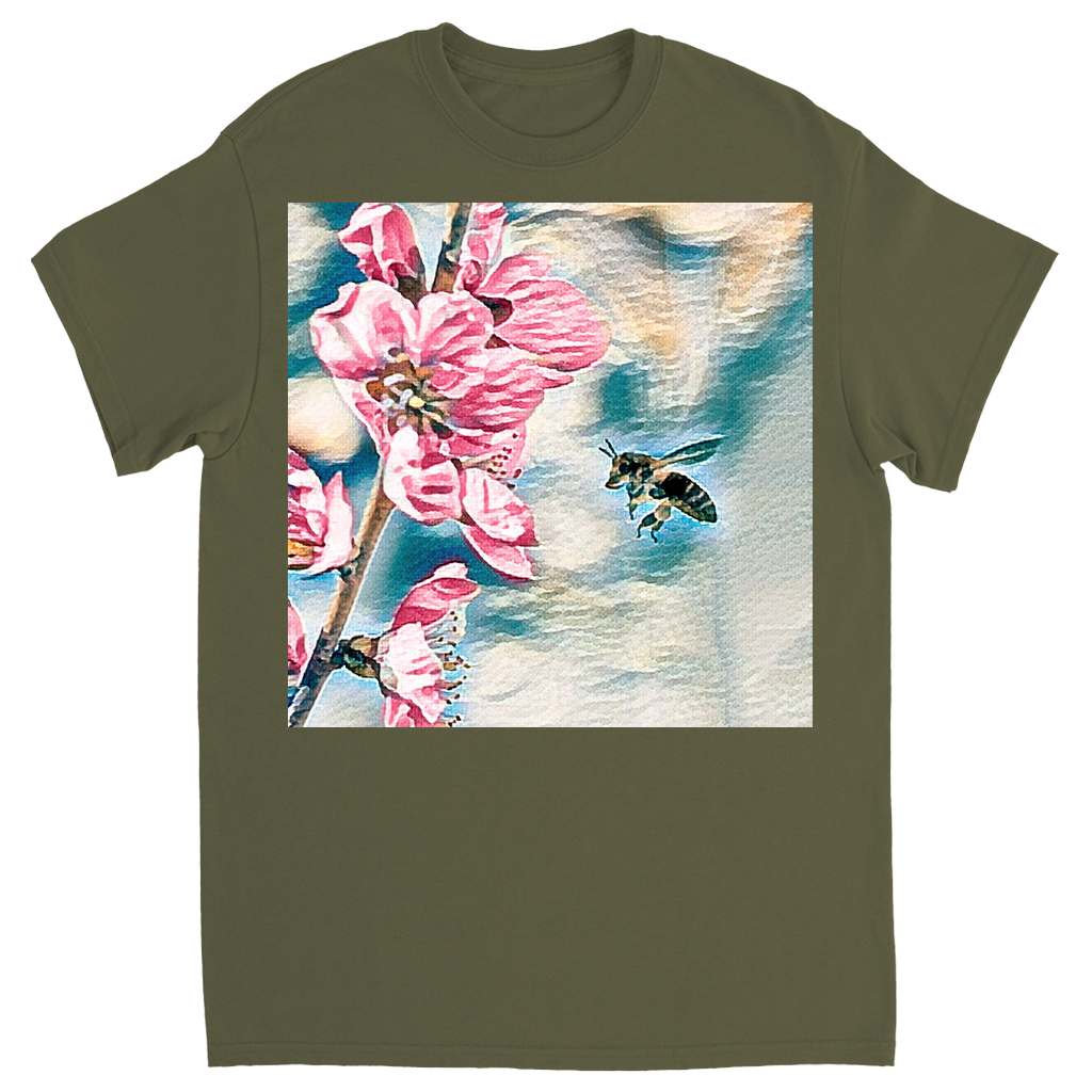 Pencil and Wash Bee with Flower Unisex Adult T-Shirt Military Green Shirts & Tops apparel