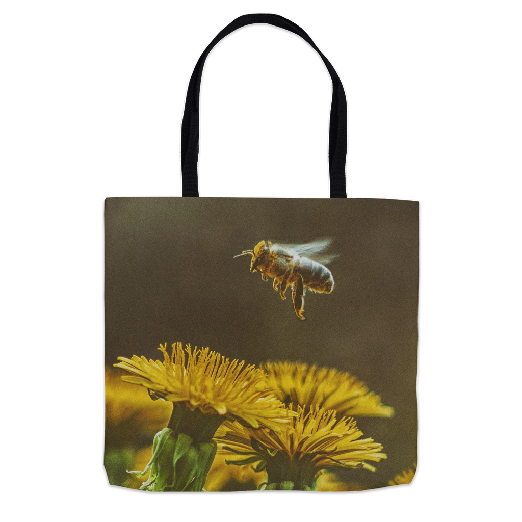 Golden Bee Hovering Over Flower Tote Bag 16x16 inch Shopping Totes bee tote bag gift for bee lover gifts original art tote bag totes zero waste bag