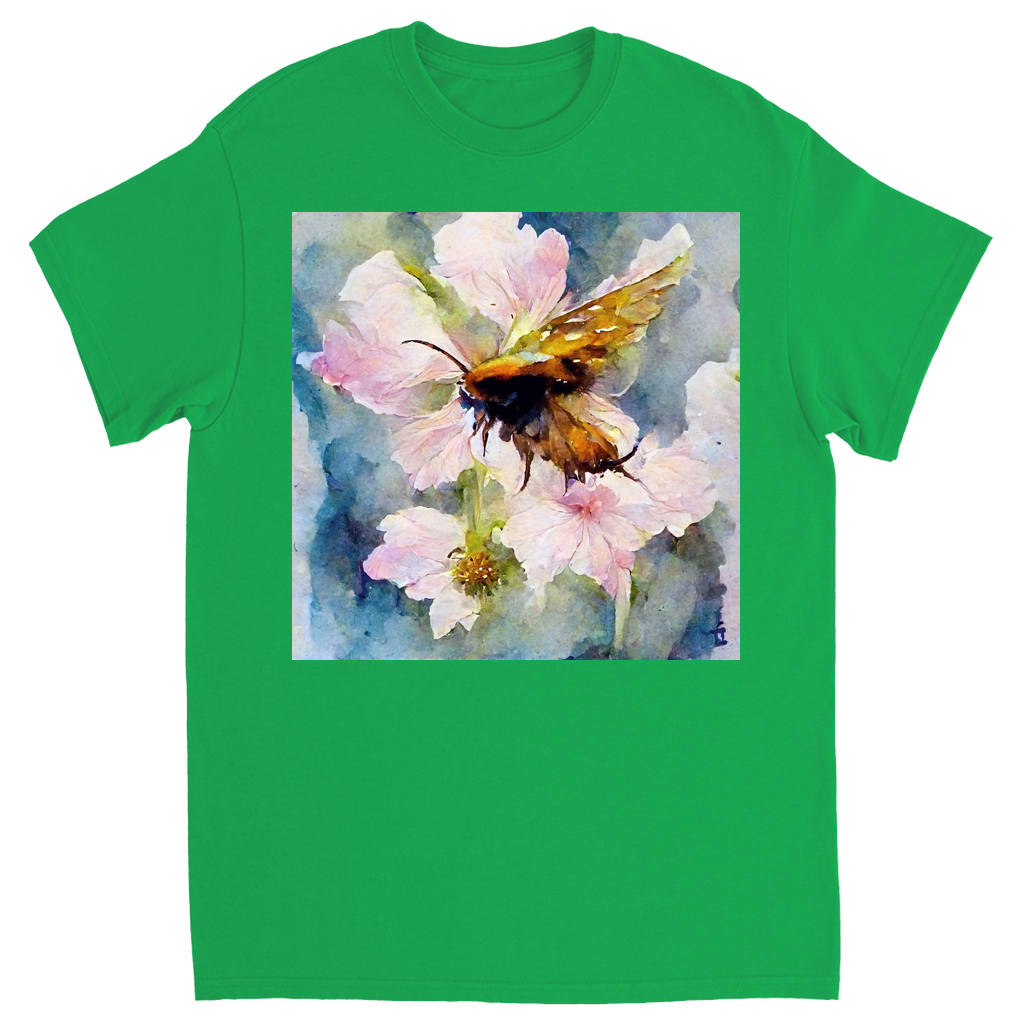 Watercolor Bee Landing on Flower Bee Unisex Adult T-Shirt Irish Green Shirts & Tops apparel Watercolor Bee Landing on Flower
