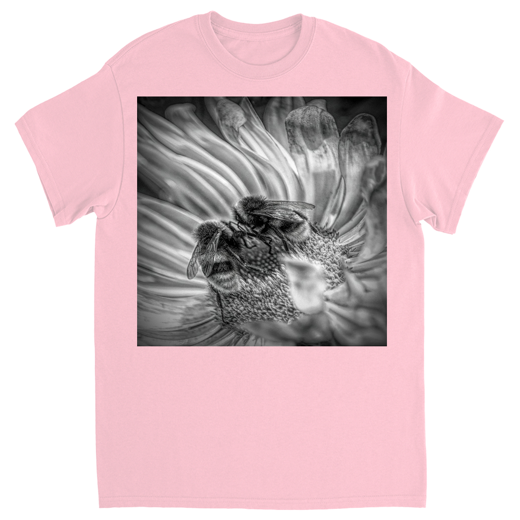 Black and White Bees on Flower Unisex Adult T-Shirt Light Pink Shirts & Tops apparel