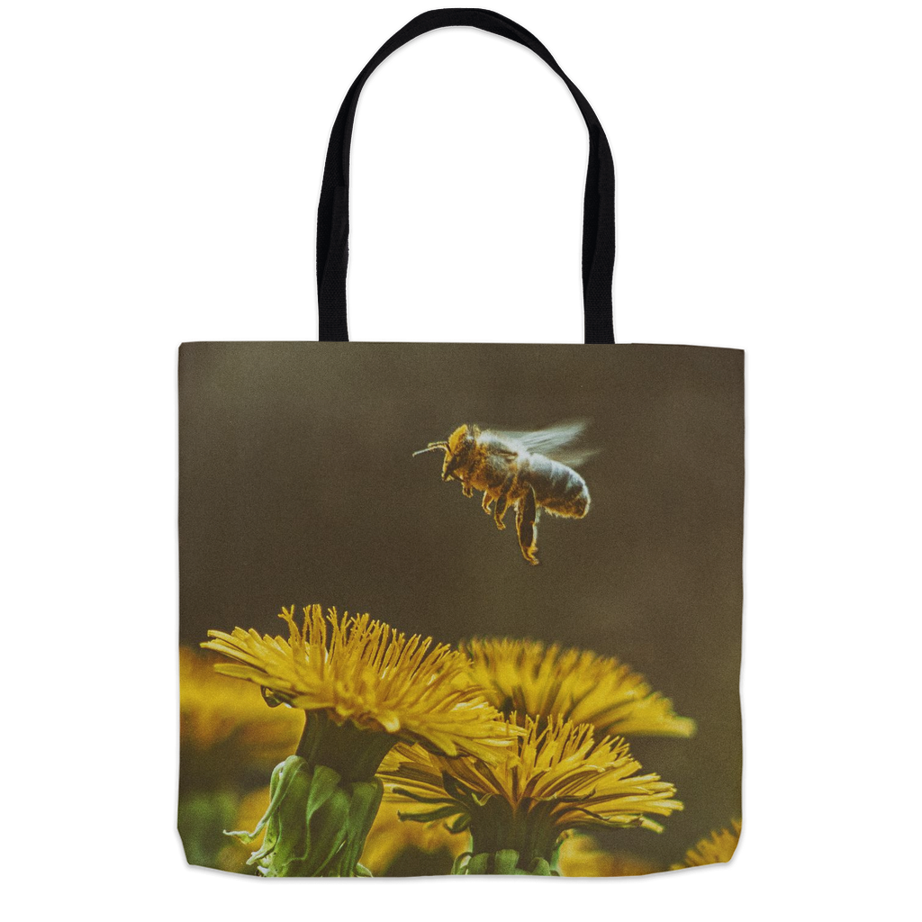 Golden Bee Hovering Over Flower Tote Bag 18x18 inch Shopping Totes bee tote bag gift for bee lover gifts original art tote bag totes zero waste bag