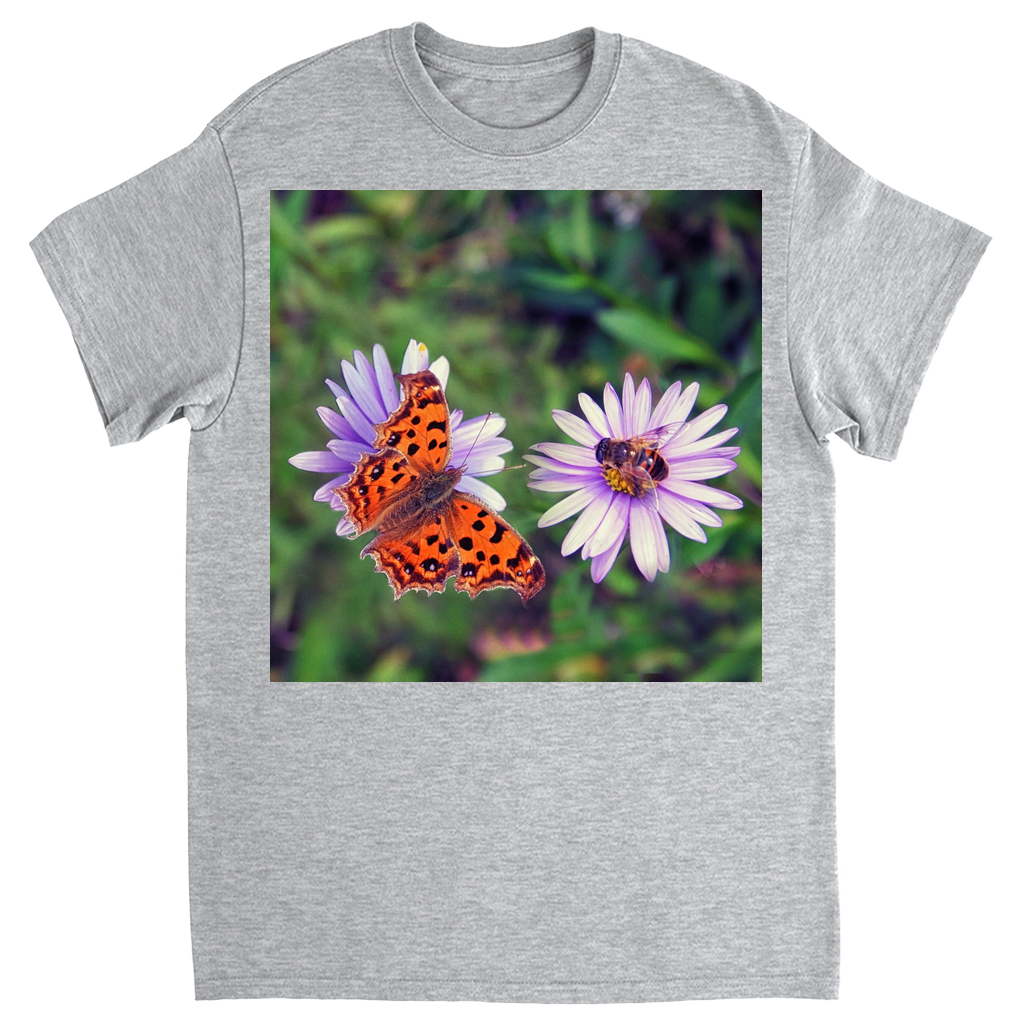 Butterfly & Bee on Purple Flower Unisex Adult T-Shirt Sport Grey Shirts & Tops apparel