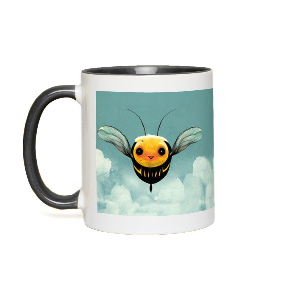 Happy Blue Cartoon Bee Accent Mug 11 oz White with Black Accents Coffee & Tea Cups gifts Happy Blue Cartoon Bee