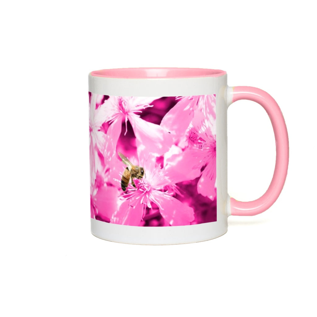 Bee with Glowing Pink Flowers Accent Mug 11 oz White with Pink Accents Coffee & Tea Cups gifts