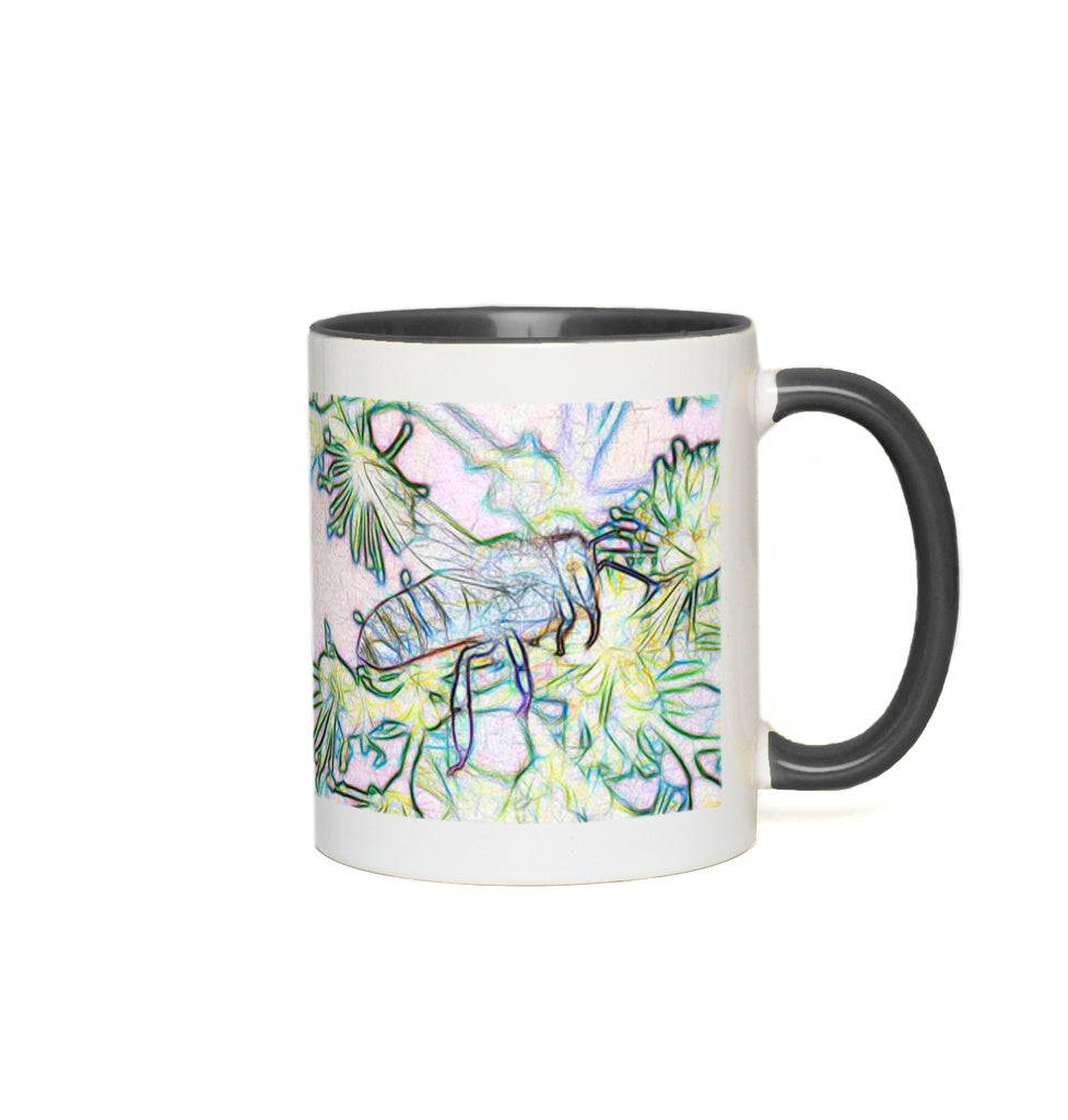 Outline of Bee and Flowers Accent Mug 11 oz White with Black Accents Coffee & Tea Cups gifts