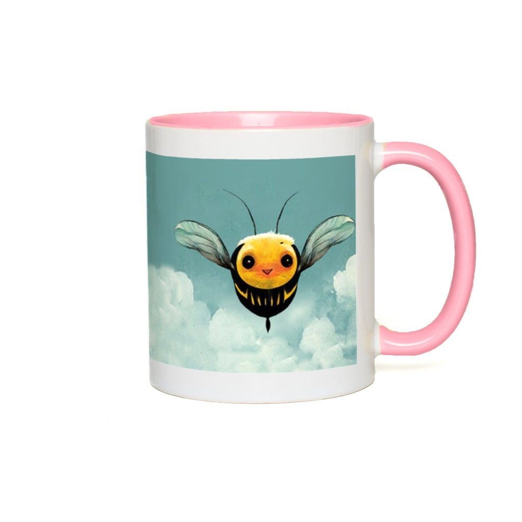 Happy Blue Cartoon Bee Accent Mug 11 oz White with Pink Accents Coffee & Tea Cups gifts Happy Blue Cartoon Bee