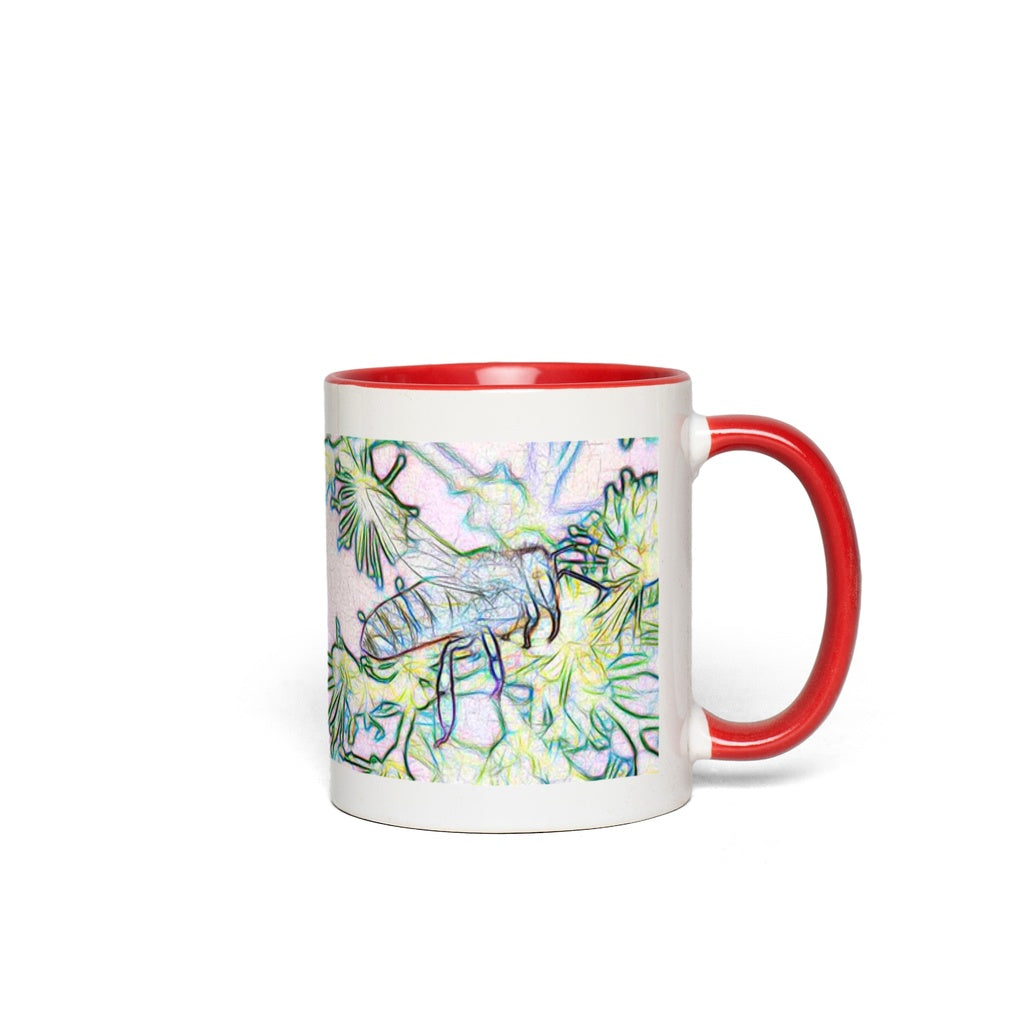 Outline of Bee and Flowers Accent Mug 11 oz White with Red Accents Coffee & Tea Cups gifts