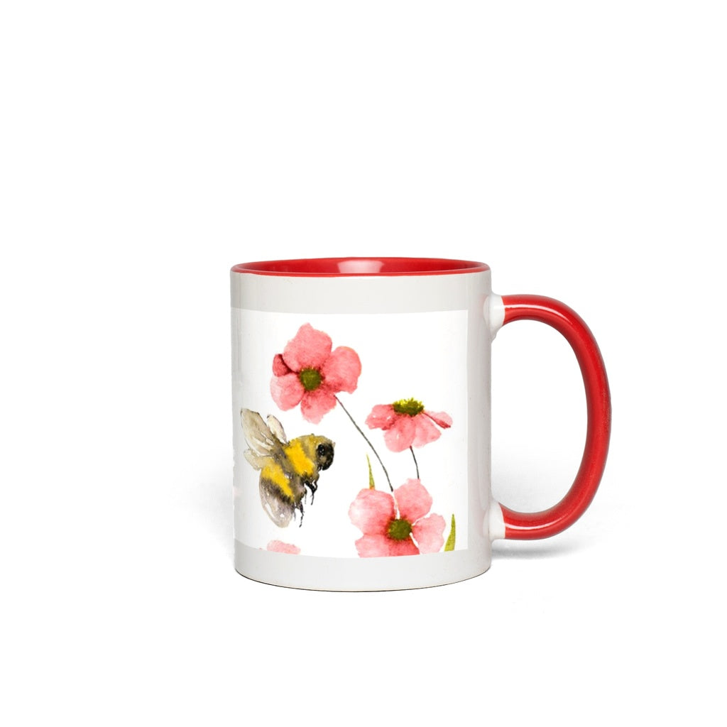 Classic Watercolor Bee with Pink Flowers Accent Mug 11 oz White with Red Accents Coffee & Tea Cups gifts