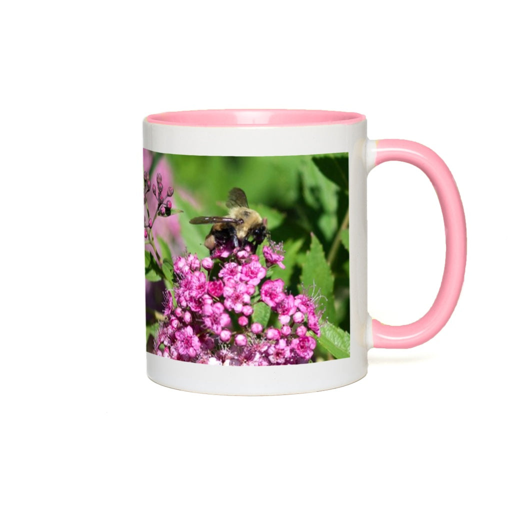 Bumble Bee on a Mound of Pink Flowers Accent Mug 11 oz White with Pink Accents Coffee & Tea Cups gifts