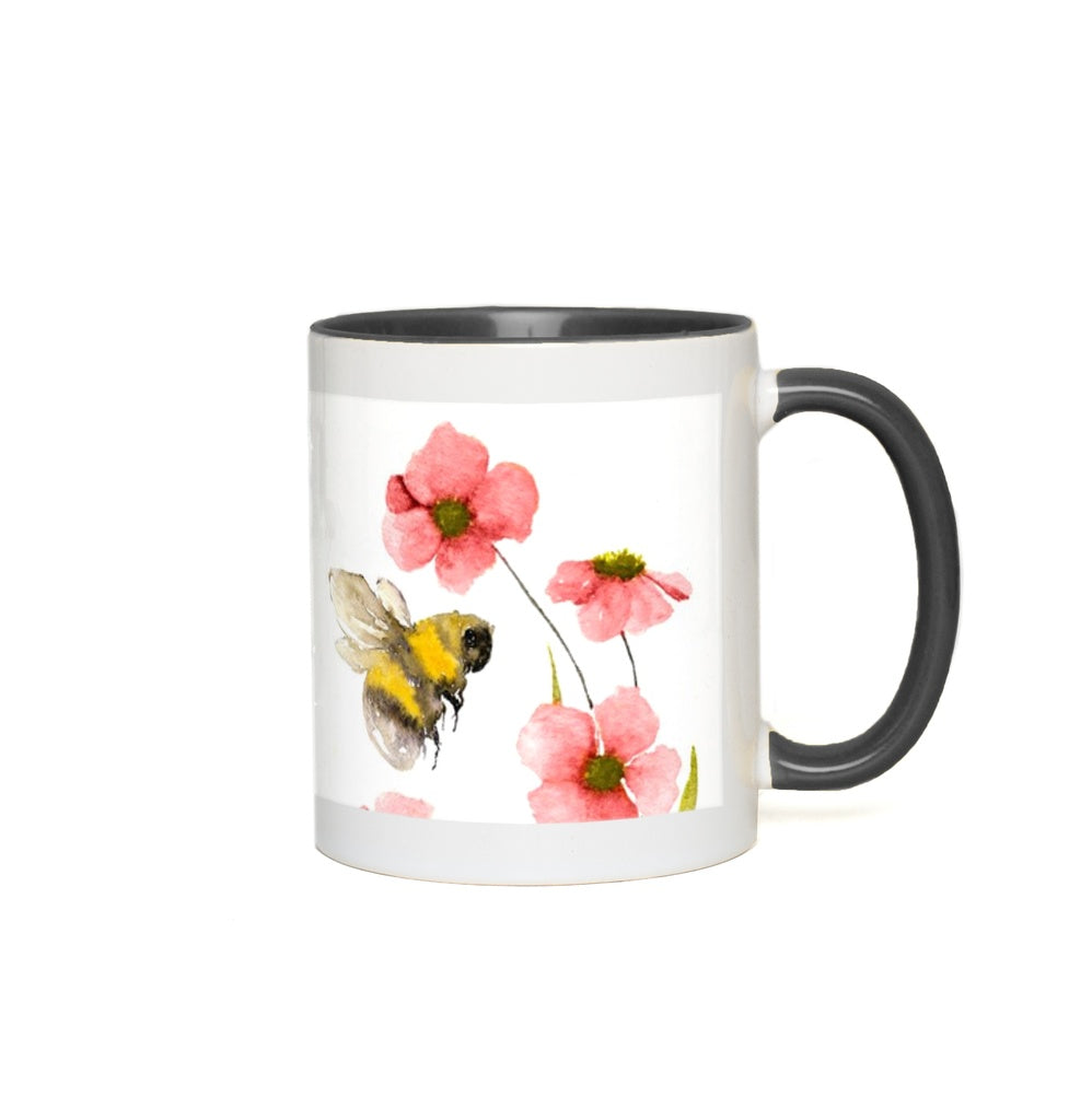 Classic Watercolor Bee with Pink Flowers Accent Mug 11 oz White with Black Accents Coffee & Tea Cups gifts