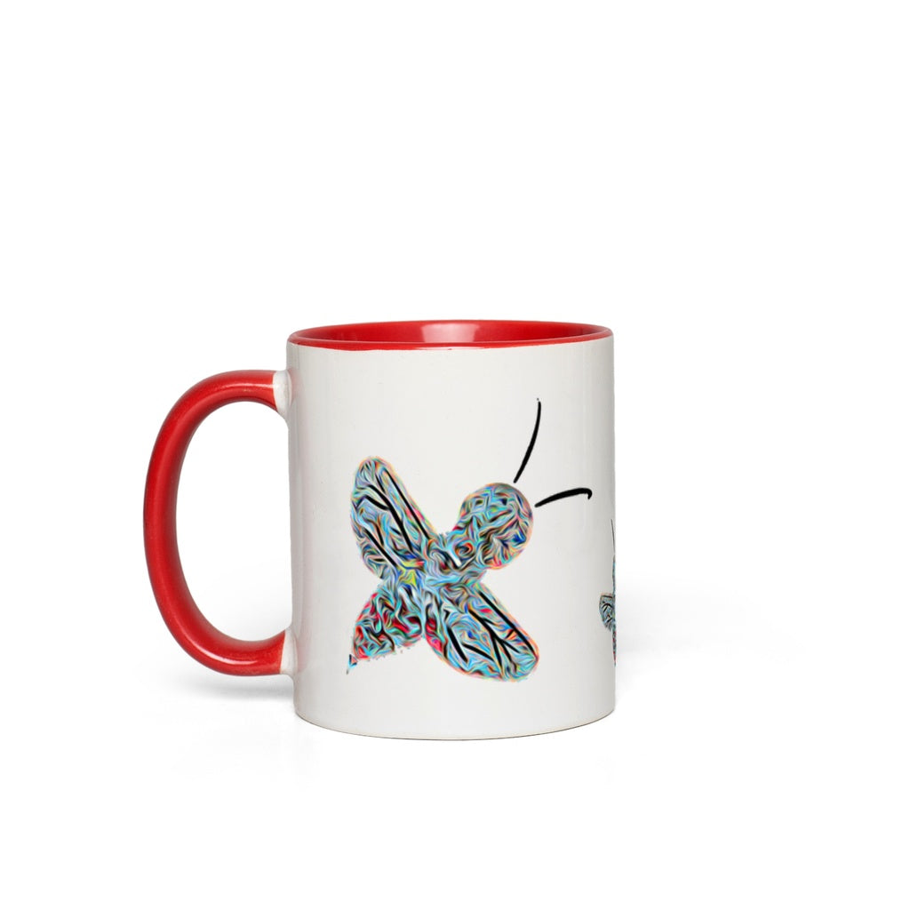 Abstract Twirly Blue Bee Accent Mug 11 oz White with Red Accents Coffee & Tea Cups gifts