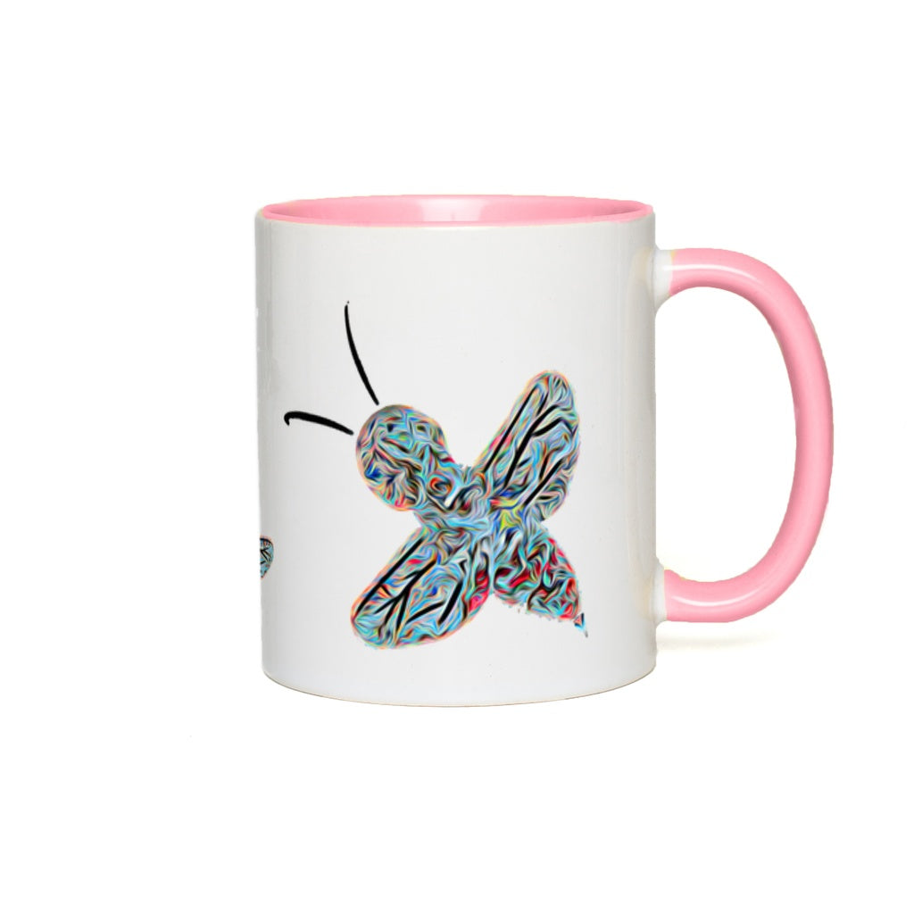 Abstract Twirly Blue Bee Accent Mug 11 oz White with Pink Accents Coffee & Tea Cups gifts